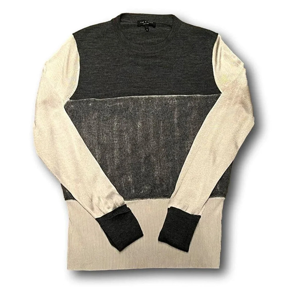 Rag & Bone Sweater Blouse Colorblock Long Sleeve Knitted Gray Cream Size Large - Picture 2 of 10